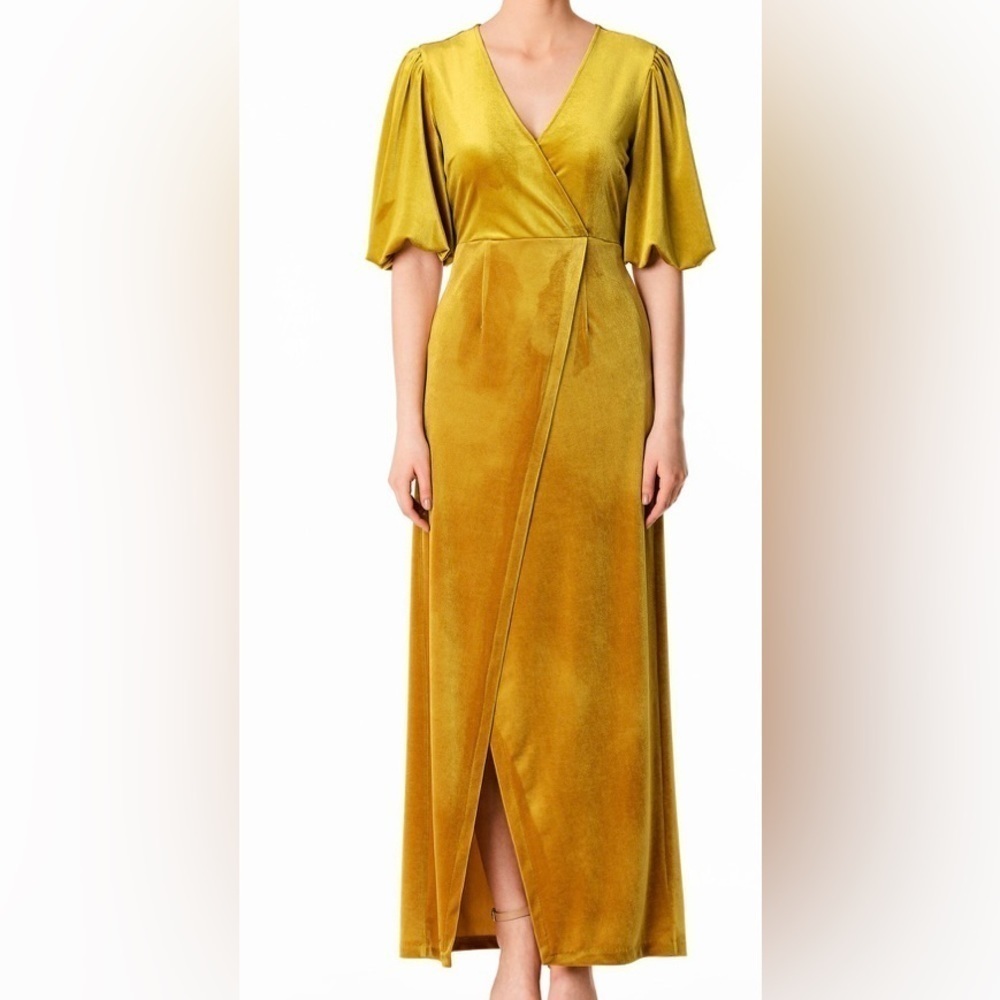 Mustard yellow velvet puff sleeve wrap maxi dress